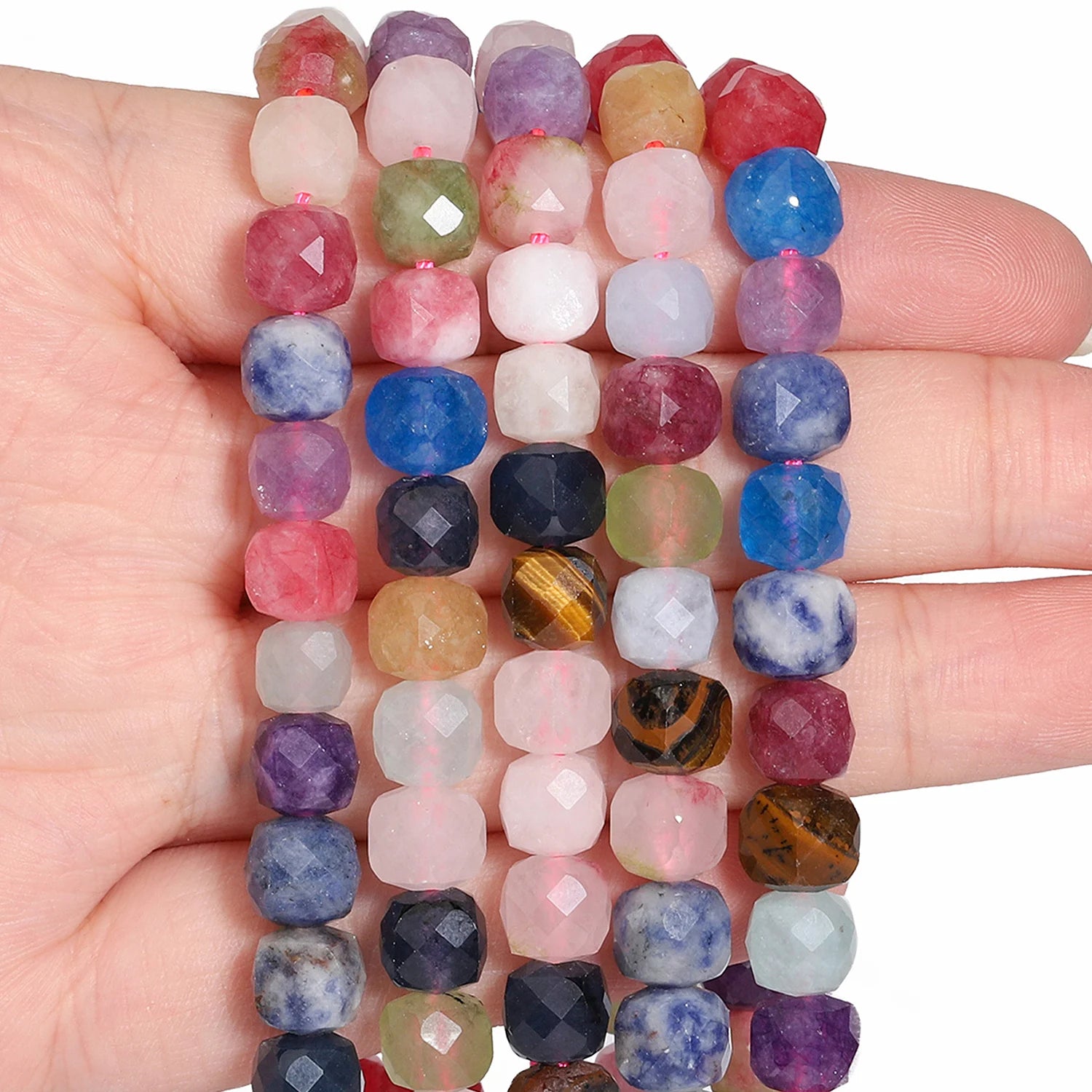 7-8mm Faceted Cube Beads Tourmaline Picture Jasper Agate Turquoise Amethyst Stone Beads for Jewelry Making Diy Accessories