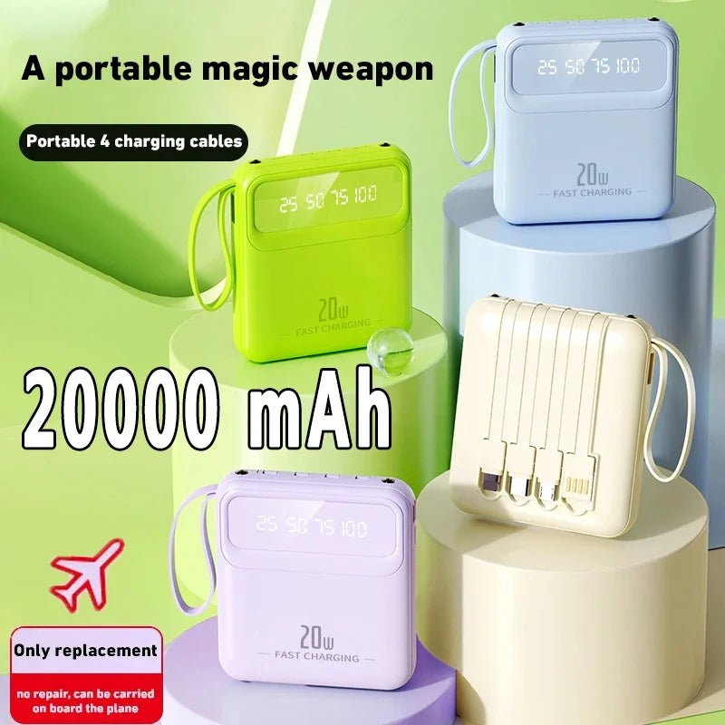 20000mAh Mini Power Bank 4in1 Cable Portable Charger Fast Charging LED Digital Display Poverbank External Battery Mobile Power