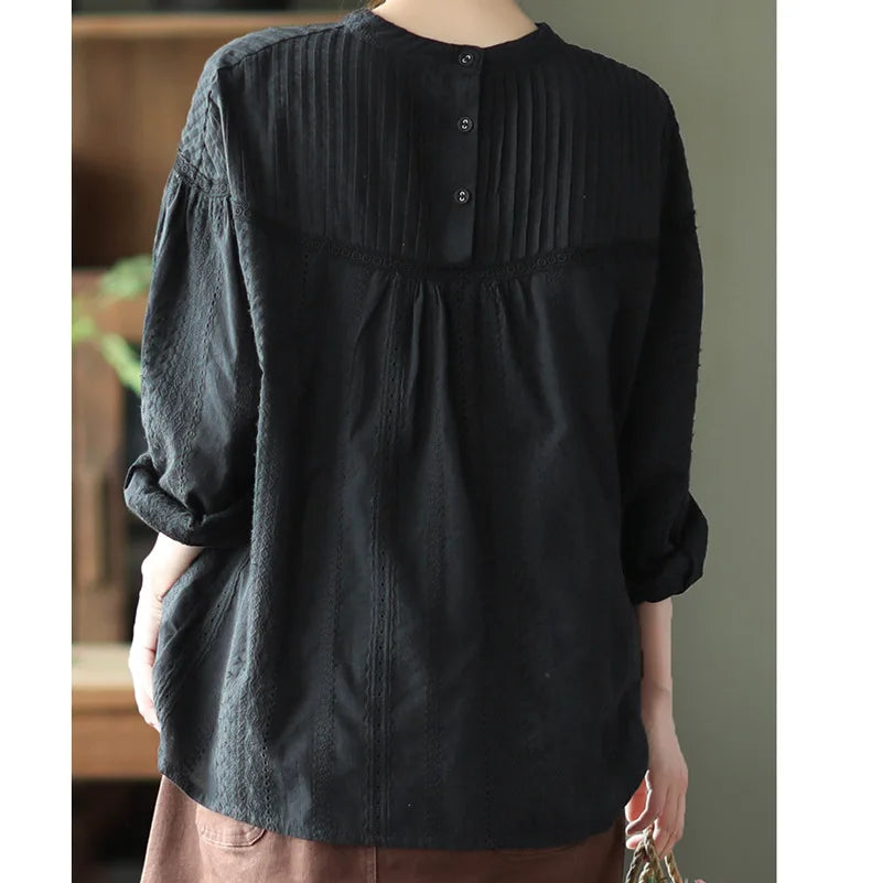 Women's elegant blouses 100% cotton embroidery hollow out white black shirts ladies office wear women long sleeve tops