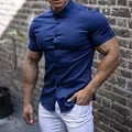 Men's Single-breasted Shirt Casual Cardigan Short-sleeved Lapel Shirt Slim-fit Elastic Sports Fitness Solid Color New Summer