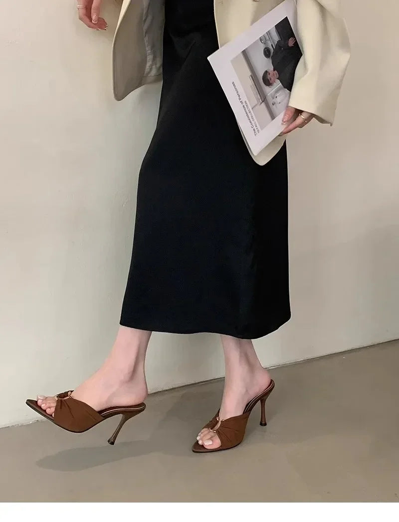 Elegant Woman Heeled Shoes 2025 New Open Toe Slippers Women Fashion Outdoor Metal Decoration Summer Plus Size Dress High Heels