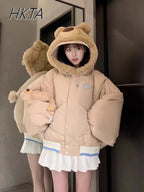 2024 Winter New Cute Rabbit Bear Warm Cotton-padded Coat Women Clothes Sweet Girls Loose Kawaii Long-sleeved Jackets Casacos