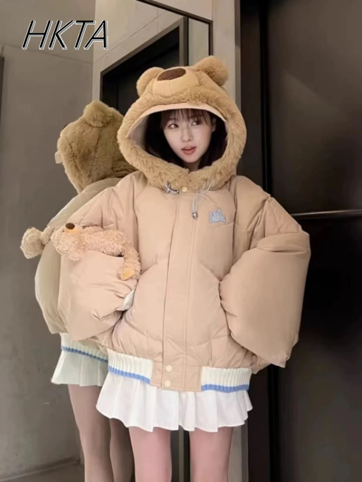 2024 Winter New Cute Rabbit Bear Warm Cotton-padded Coat Women Clothes Sweet Girls Loose Kawaii Long-sleeved Jackets Casacos