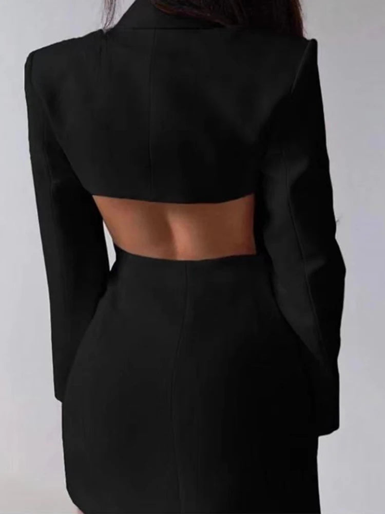 Women Notched Collar Long Sleeve Backless Blazer Dress