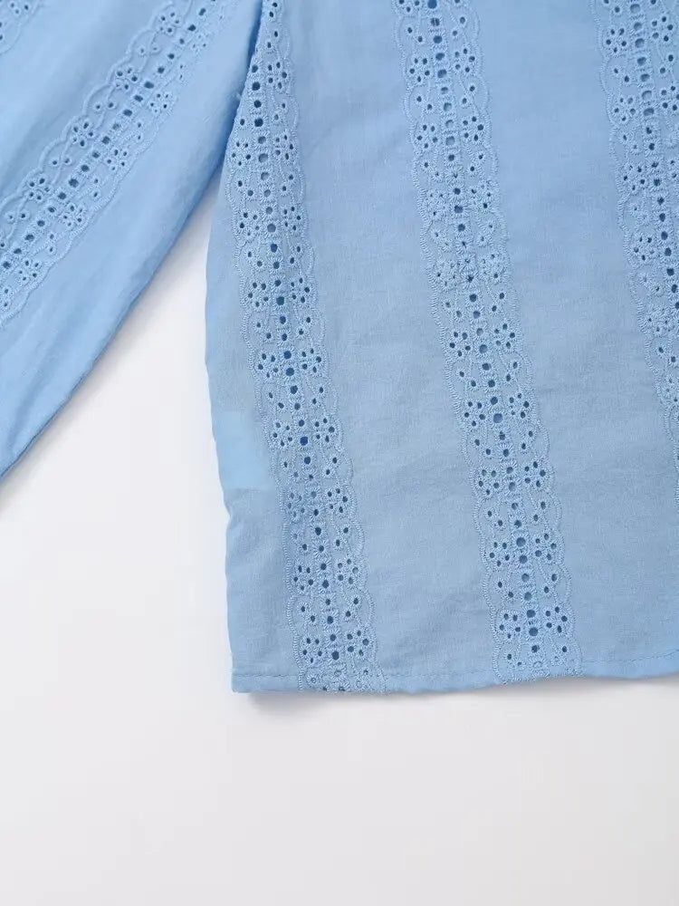 Women's Openwork Embroidered Cropped Shirt Simple V-neck Long-sleeved Single-breasted Casual Blouse Spring Summer Chic Top