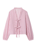 Women Striped Printed Lace-Up Shirt With Bow New Puff Long Sleeves V-Neck Hollow Out Blouses Sweet Ladies Fashion Tops