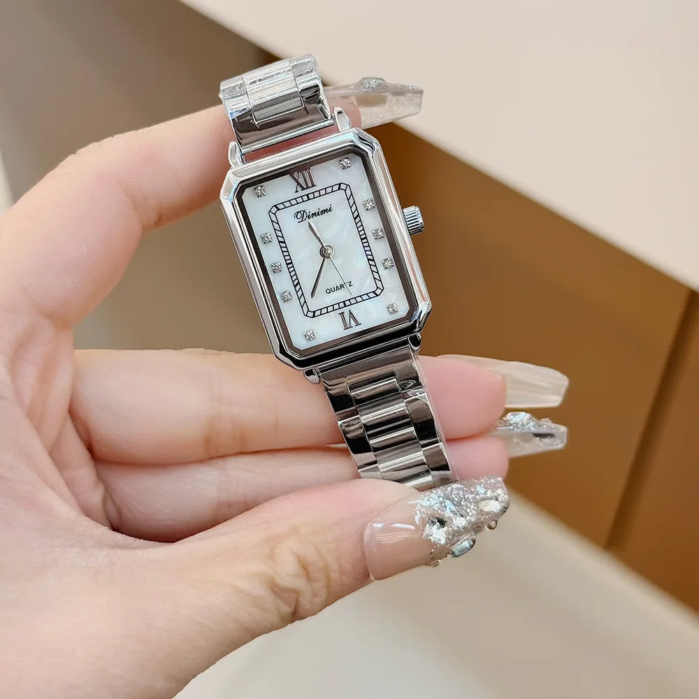 Vintage watches with female personality, niche design, square diamond studded steel strip, quartz watch for women