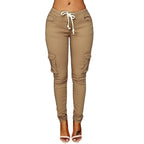 Pants Casual Solid Color Women Trousers Skinny Cargo Pockets Drawstring Joggers Trousers