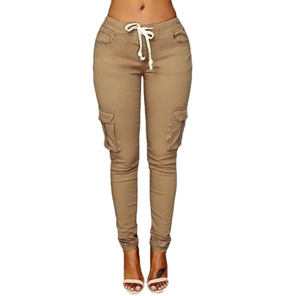 Pants Casual Solid Color Women Trousers Skinny Cargo Pockets Drawstring Joggers Trousers