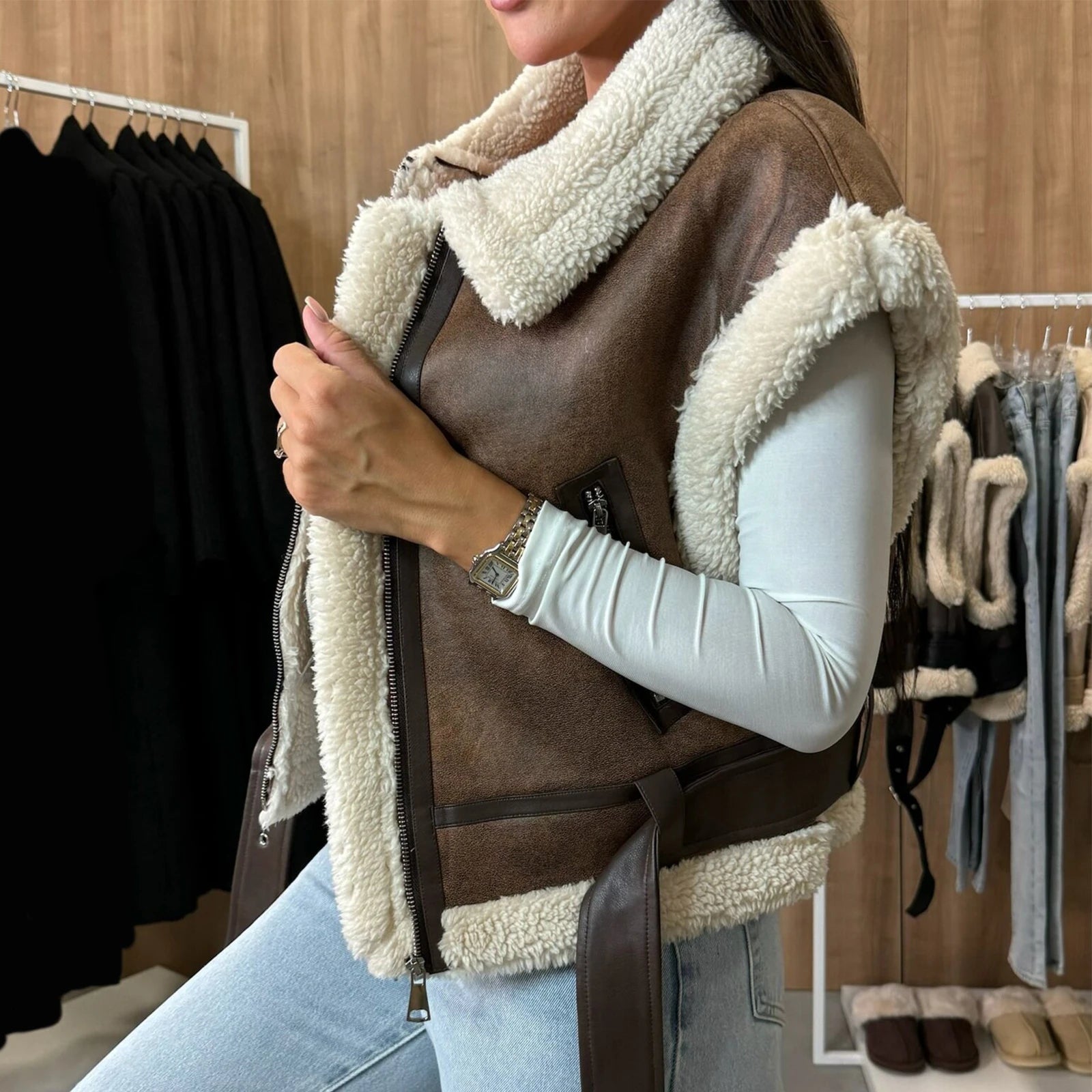 Women Winter Faux Suede Vest Sleeveless Zipper Up Fleece Sherpa Lined Jacket Fashion Solid Color Casual Outerwear Coat!