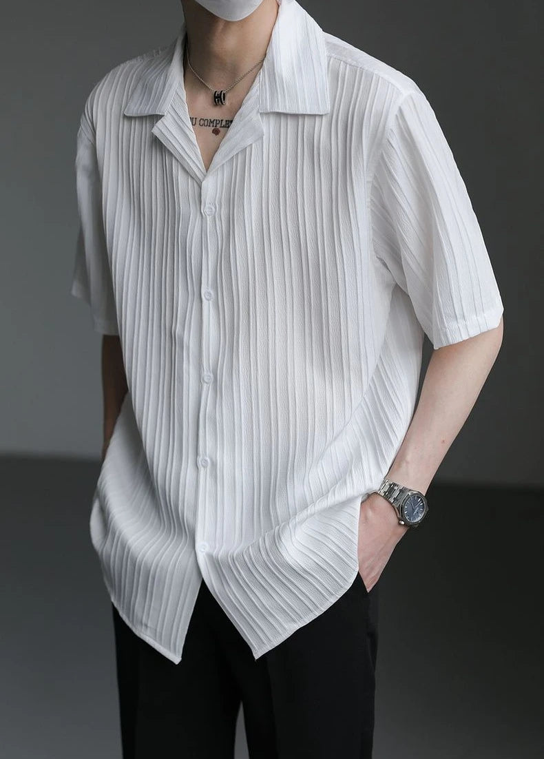 Men's Shirt Black Loose Short Sleeve Male Shirts Designer with Collar High Quality Luxury Sleeves Silk New in Vintage Slim Fit