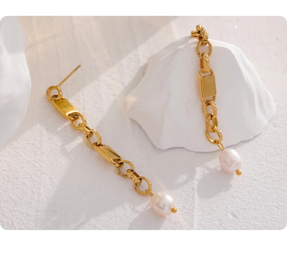Yhpup Long Hanging Stainless Steel Chain Natural Pearl Drop Earrings Dangle Fashion Party Geometric Charm Temperament Jewelry