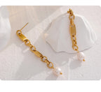 Yhpup Long Hanging Stainless Steel Chain Natural Pearl Drop Earrings Dangle Fashion Party Geometric Charm Temperament Jewelry