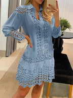 Women Lace Stitching Sexy Hollow Out And Transparent Dress Not Lined Elegant Office Spring Casual Long Sleeve White Shirt Dress