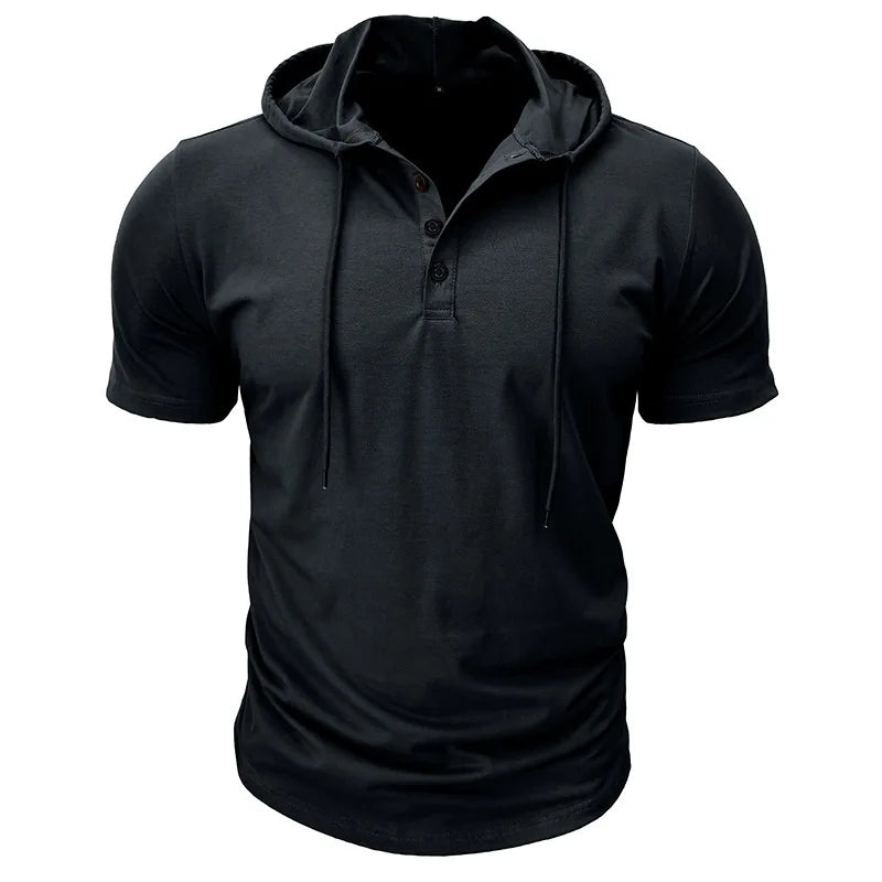 Men's Short-sleeved T-shirts for Sports and Fitness American-style Henley Shirt Hooded Top