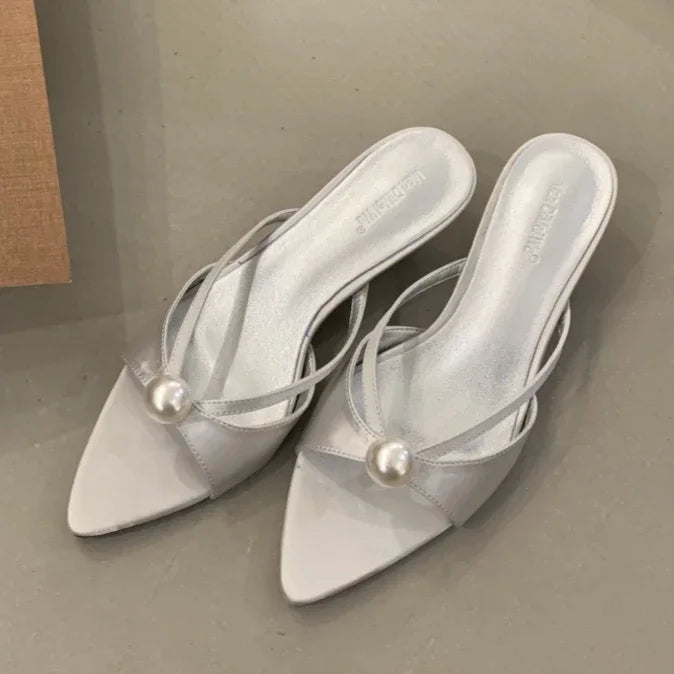 High Heels Slippers Women Bead Pointed Toe Sandals Shoes Summer 2025 Trend Sexy Open Toe Woman Brand Designer Sandalias Pumps