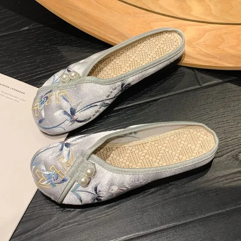 Woman Slippers Spring Autumn Soft Sole Baotou Flats Embroider Home Slippers Casual Shoes for Women Ethnic Style Outdoor Slippers