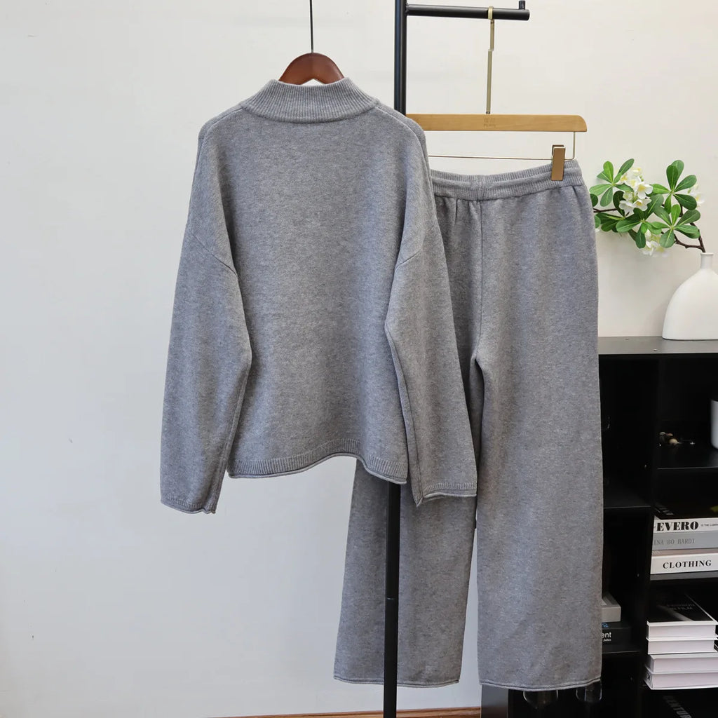 Pant Set Women Two Piece Sets Stand Collar Full Sleeve Knit Tops Wide Leg Long Pants Lace Up Elastic Waist Y2k Streetwear