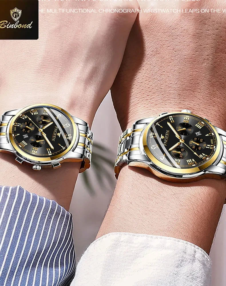 BINBOND 2pcs/Set Couple Watches Fashion Casual Men Ladies for Quartz Watch Lover Waterproof Stainless Steel Watch Valentine Gift