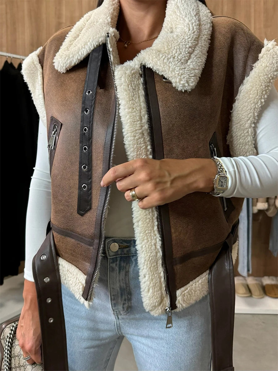 Women Winter Faux Suede Vest Sleeveless Zipper Up Fleece Sherpa Lined Jacket Fashion Solid Color Casual Outerwear Coat!