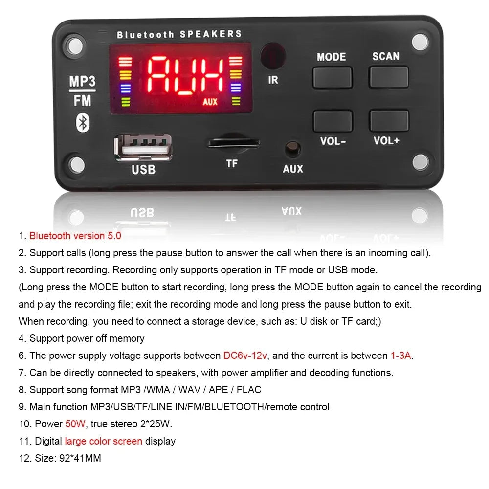 Handsfree 50W amplifier MP3 Decoder Board Color Screen DC 12V Bluetooth V5.0 Car MP3 Player USB Recording Module FM AUX Radio