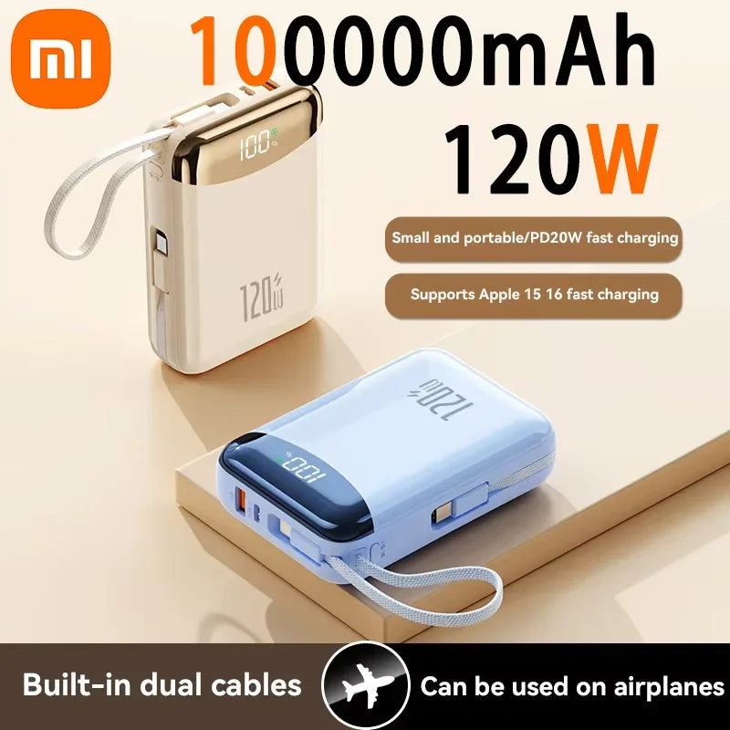 120W Fast Charging Power Bank 20000mAh Large Capacity Portable External Battery Comes with 2 Lines for IPhone Xiaomi Huawei New