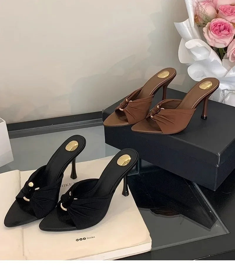 Elegant Woman Heeled Shoes 2025 New Open Toe Slippers Women Fashion Outdoor Metal Decoration Summer Plus Size Dress High Heels