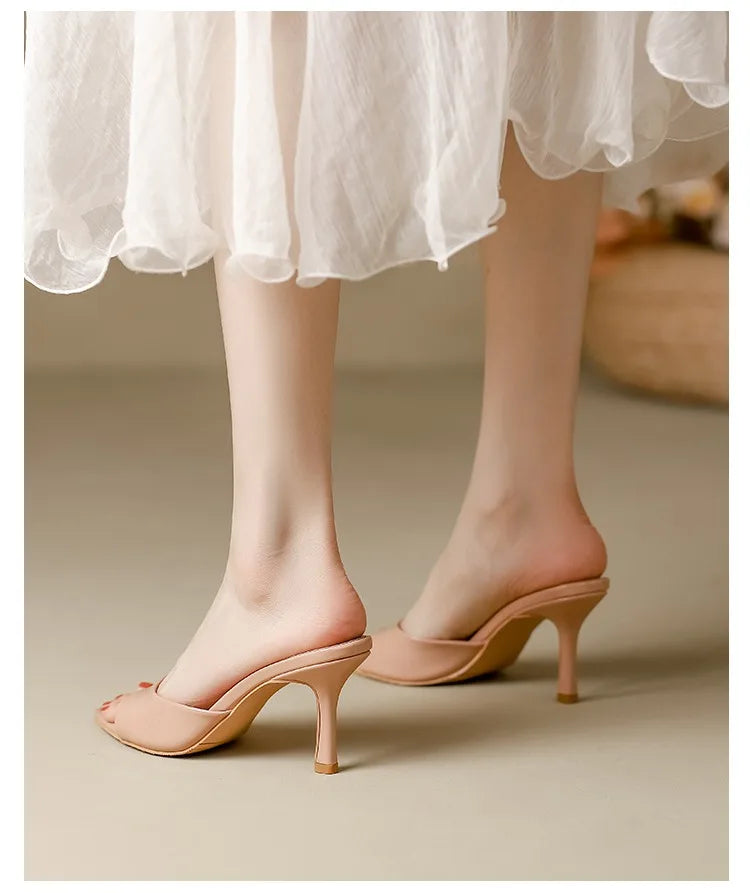 Women's Slippers 2025 New Summer Slim Heel Pointed Toe Worn with A Straight Drag Patent Leather High-heeled Slippers for Womens