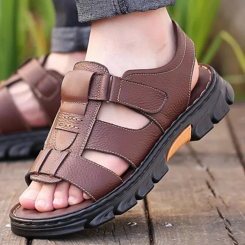 Men's Sandals Adjustable Solid Color Shoes Summer Casual Comfort with Durable Rubber Sole, Breathable PU for Outdoor Walking