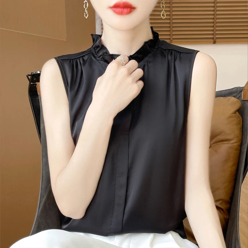 Women's T-shirt Ruffled Stand Collar Sleeveless Tops Loose Spring Summer Solid Tops Innerwear Casual Silk Ladies Tees Undershirt