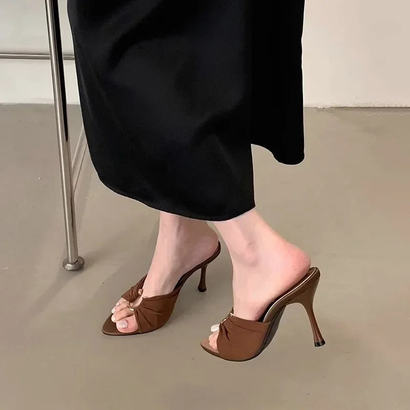 Elegant Woman Heeled Shoes 2025 New Open Toe Slippers Women Fashion Outdoor Metal Decoration Summer Plus Size Dress High Heels