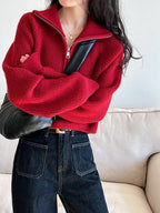 Autumn Winter  Zipper Sweaters Women Solid Color High Neck Knitted Pullover Solid Red Loose Turndown Collar Women's Turtleneck