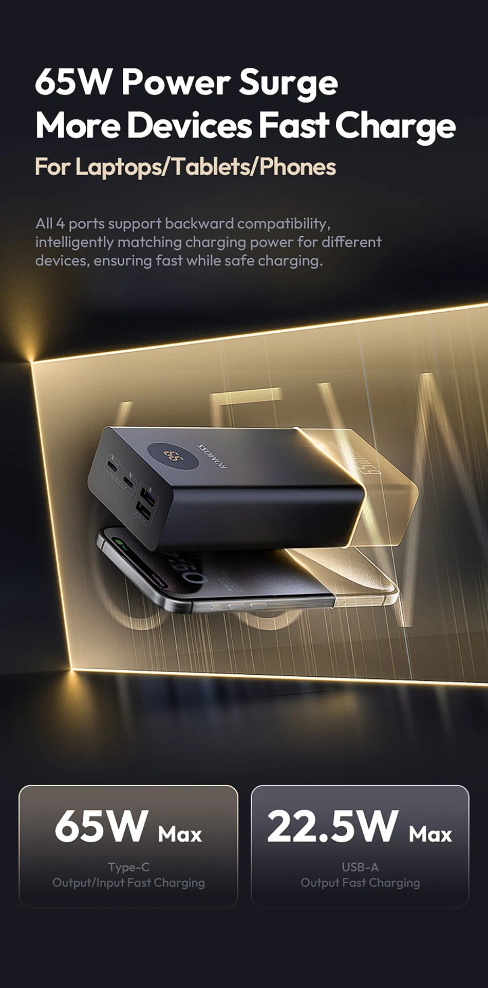 Romoss Power Banks 27000mAh 65W Fast Charge Laptop Portable Charger Powerbank External Battery For iPhone 16 Xiaomi Huawei