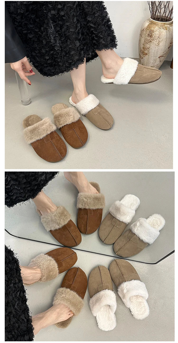 Fur Flats Women Cotton Slippers Fashion Warm Shoes Winter Short Plush Designer Cozy Woman Boots 2025 New Dress Mujer De Boots