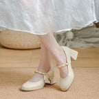 High Heels Shoes for Woman 2024 Pumps Square Toe Gothic Women's Summer Footwear Mary Jane Japanese Style Lolita with Bow White A