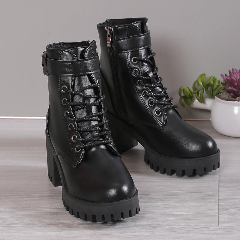Women's High Heels Ankle Boots for 2023 Black PU Leather Platform Short Boots Woman Side Zipper Thick Heeled Punk Botas De Mujer