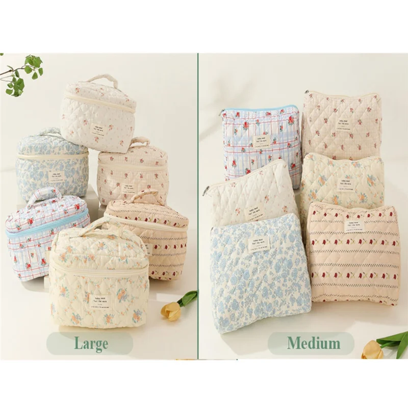 Makeup Cosmetic Bag Cosmetic Bag 3 Pcs Cotton Quilted Makeup Bag Aesthetic Floral Toiletry Bag For Women A