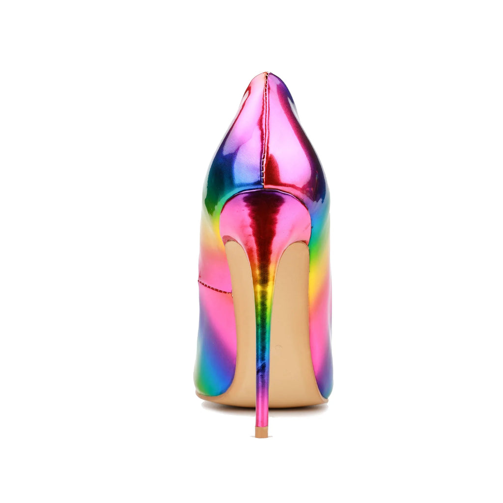 Brand Women High Heels 8-12CM Fashion Iridescent Pointed Toe Single Shoes Woman Thin Heel Summer Glossy Colorful Leather Pumps