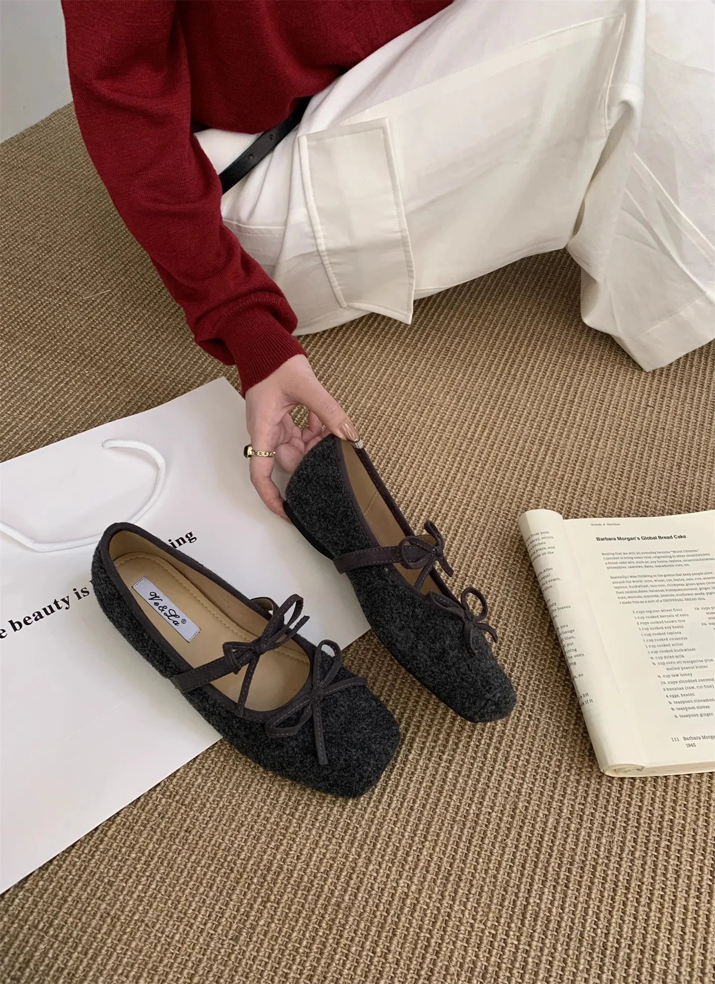 Flats Women's Loafers Shoes Shallow Suede Bow Fashion Shoes Square Toe Casual Dress Autumn 2025 Designer Cozy Zapatos De Mujer