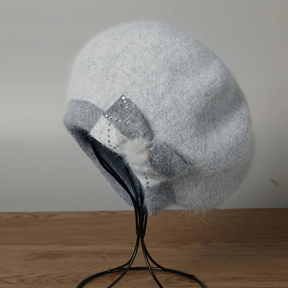 Autumn and winter hats, children's brimless rabbit fur hats, butterfly knot diamond knitted hats, pullover hats, double-layer th