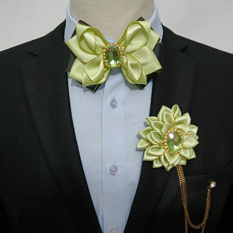 Wedding Bow Tie Corsage Men's Business Banquet Concert Suit Shirts Accessories Jewelry High-end Crystal Collar Flower Brooch Set