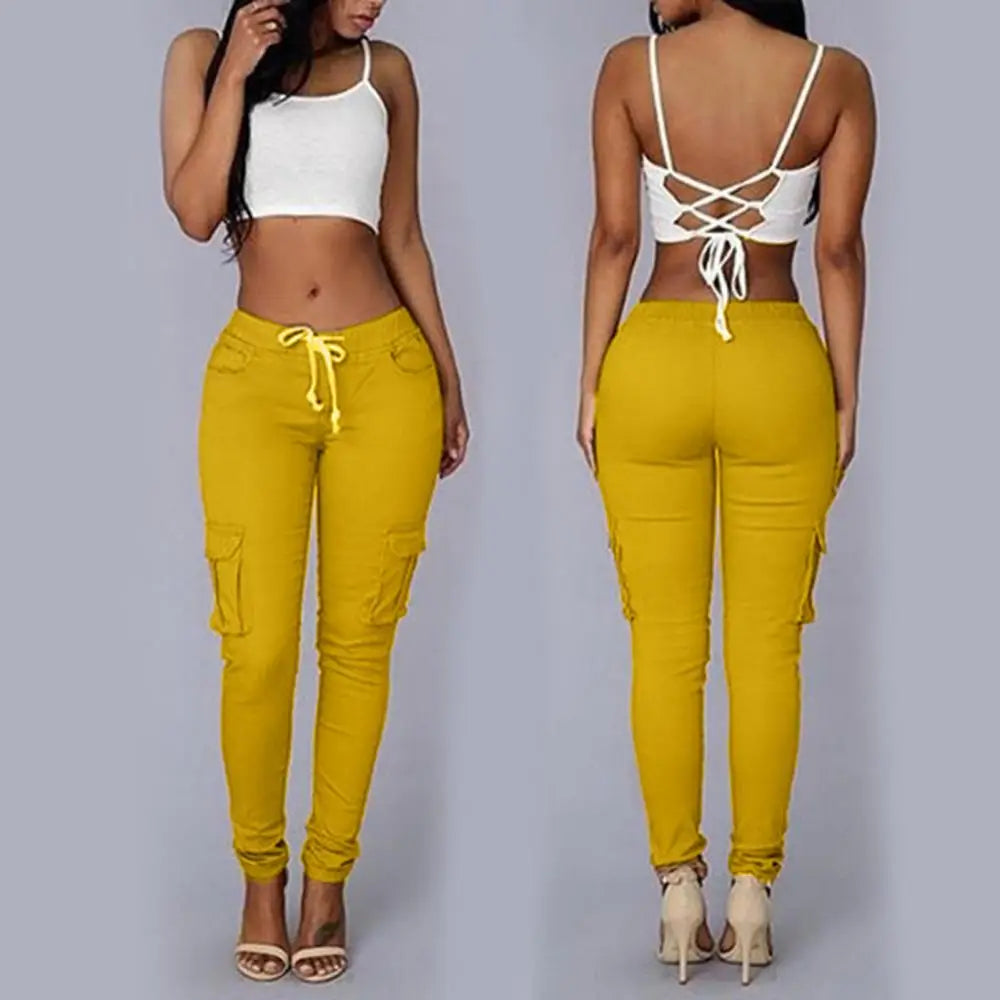 Pants Casual Solid Color Women Trousers Skinny Cargo Pockets Drawstring Joggers Trousers