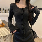 Women's V Neck Button Knit Tops Ruched Long Sleeve Cropped Cardigan Lady Autumn Winter Knitted Single-breasted Cardigan Sweaters