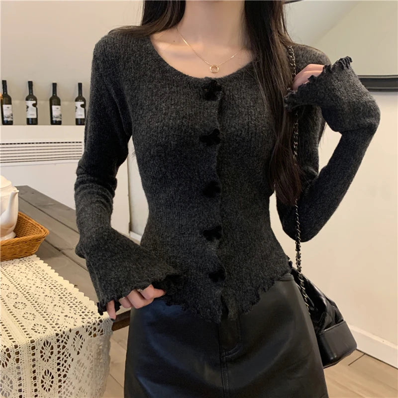 2025 Women's Ruched Long Sleeve Cropped Cardigan V Neck Button Down Knit Lady Autumn Winter Knitted Single Breasted Sweaters