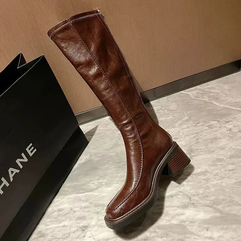 Women's High Boots High Heels Fashion Dress Shoes Chunky Luxury Woman Winter Boots 2025 Designer Knee High Chelsea Botas Mujer