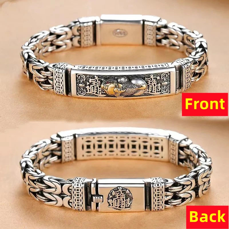 Vintage 100% Solid S925 Silver Retro Lucky Pixiu Man Bracelet Thick Style Domineering Trend Personality Jewelry