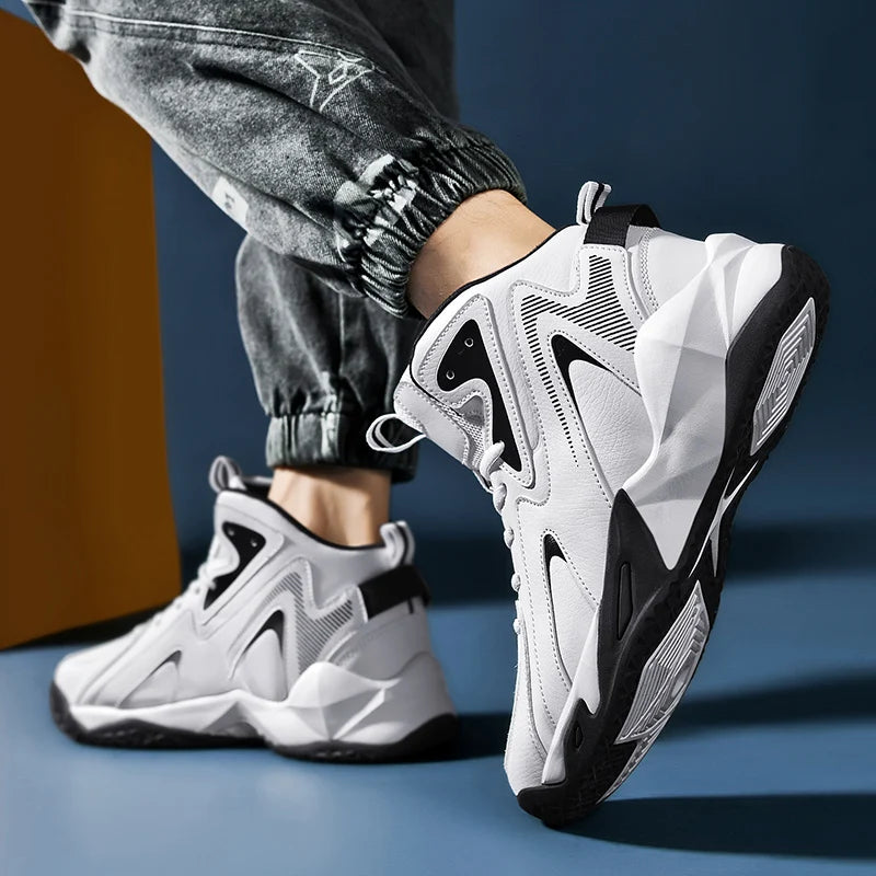 Mens Comfortable Basketball Shoes Outdoor Casual High Top Footwear Fashion Trend Leather Sneaker Oversized 39- 50 Wear Resistant