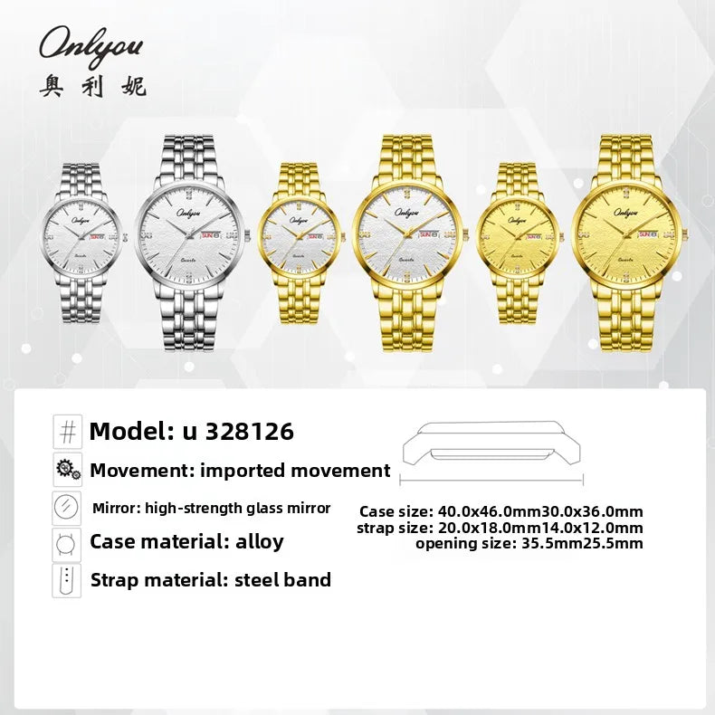 New ONLYOU High Quality Luxury Couple Watches, Original Stainless Steel Watches for Men and Women, Top Brand Couple Watches