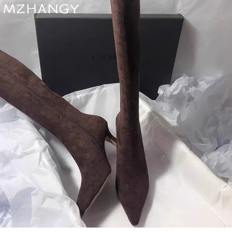 High Heels Women High Boots Suede Pointed Toe Elegant Knee High Shoes Woman Trend Fashion Sexy Pumps Party Chelsea Boots Mujer