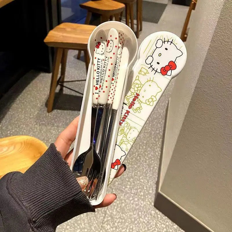 Anime Sanrio Hello Kitty Kitchen Tableware Stainless Steel Chopsticks Spoon Fork Office Portable Dinnerware Set Birthday Gifts